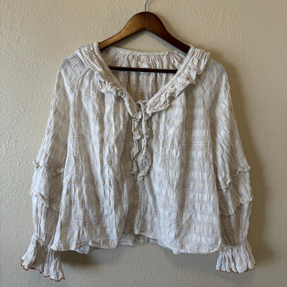 Anthropologie White Plaid Ruffle Tie Front Blouse Size Small